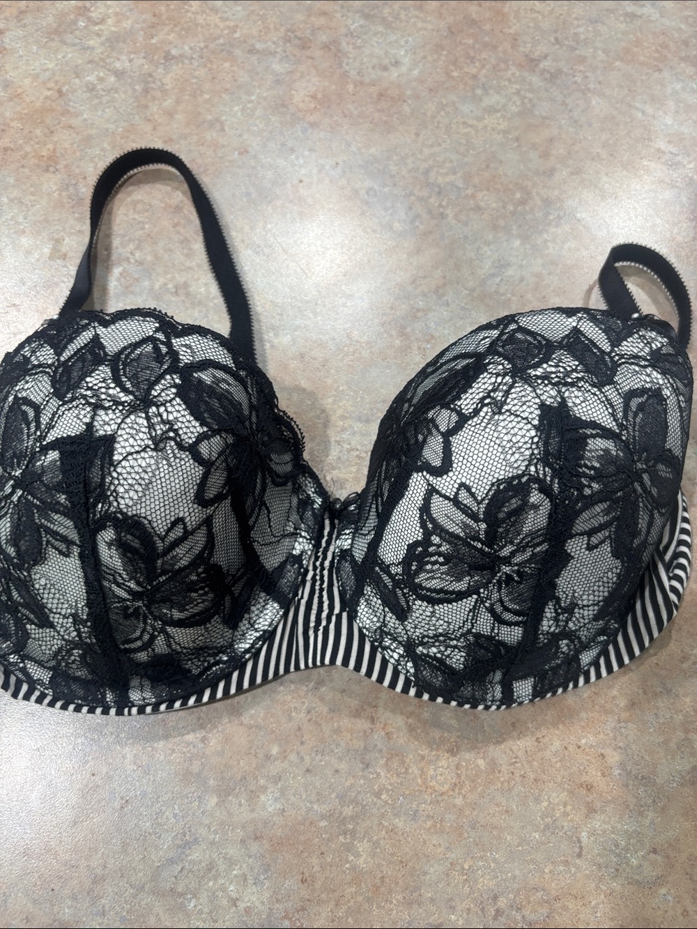 Victoria’s Secret Black Lace Floral Overlay Bra with Striped Band